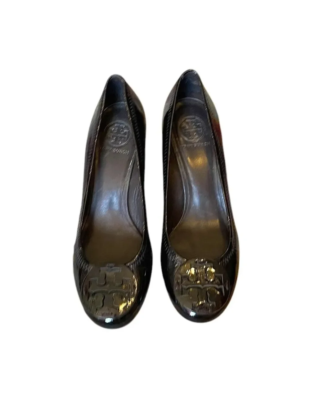 Tory Burch Chelsea Black Patent Leather Block Heels Women's Shoes W/Medallion  7